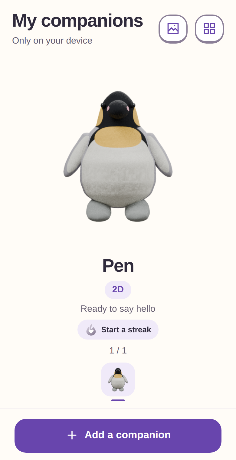 Current My companions app screen with Pen as a 2D example, Only on your device, thumbnail navigation, and Add a companion.